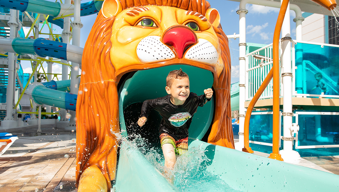 Boy coming out of lion slide